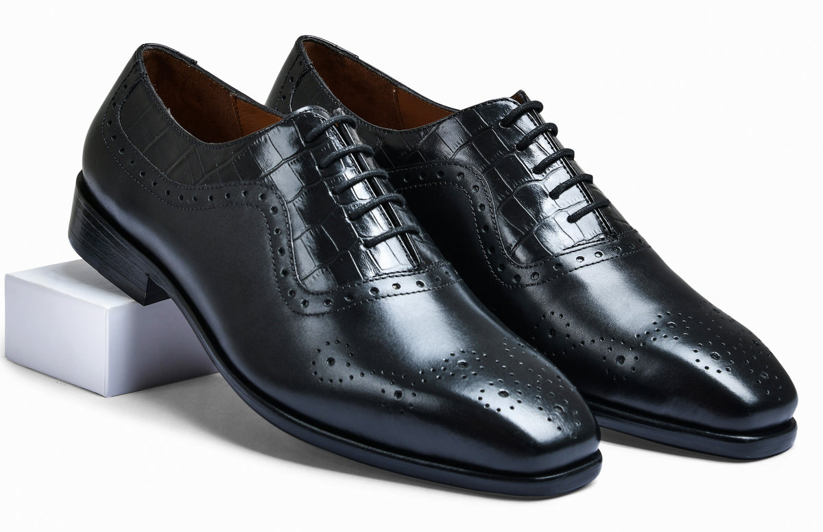 Croco Black Genuine Tata Leather Lace Up Mens Formal Shoes (Oscar)