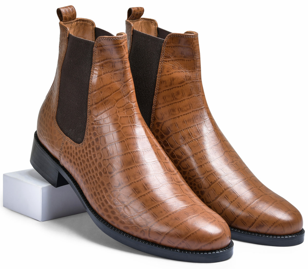 Tan Croco Genuine Tata Leather Chelsea Boots For Men (Wellington)