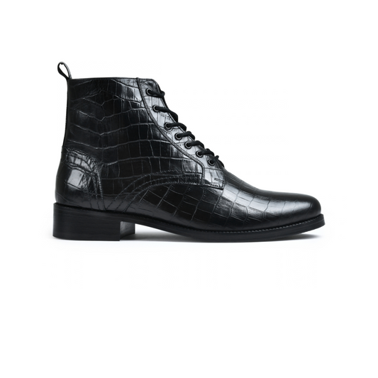 Croco Black Genuine Tata Leather Lace Up Mens Boots (Dexter)