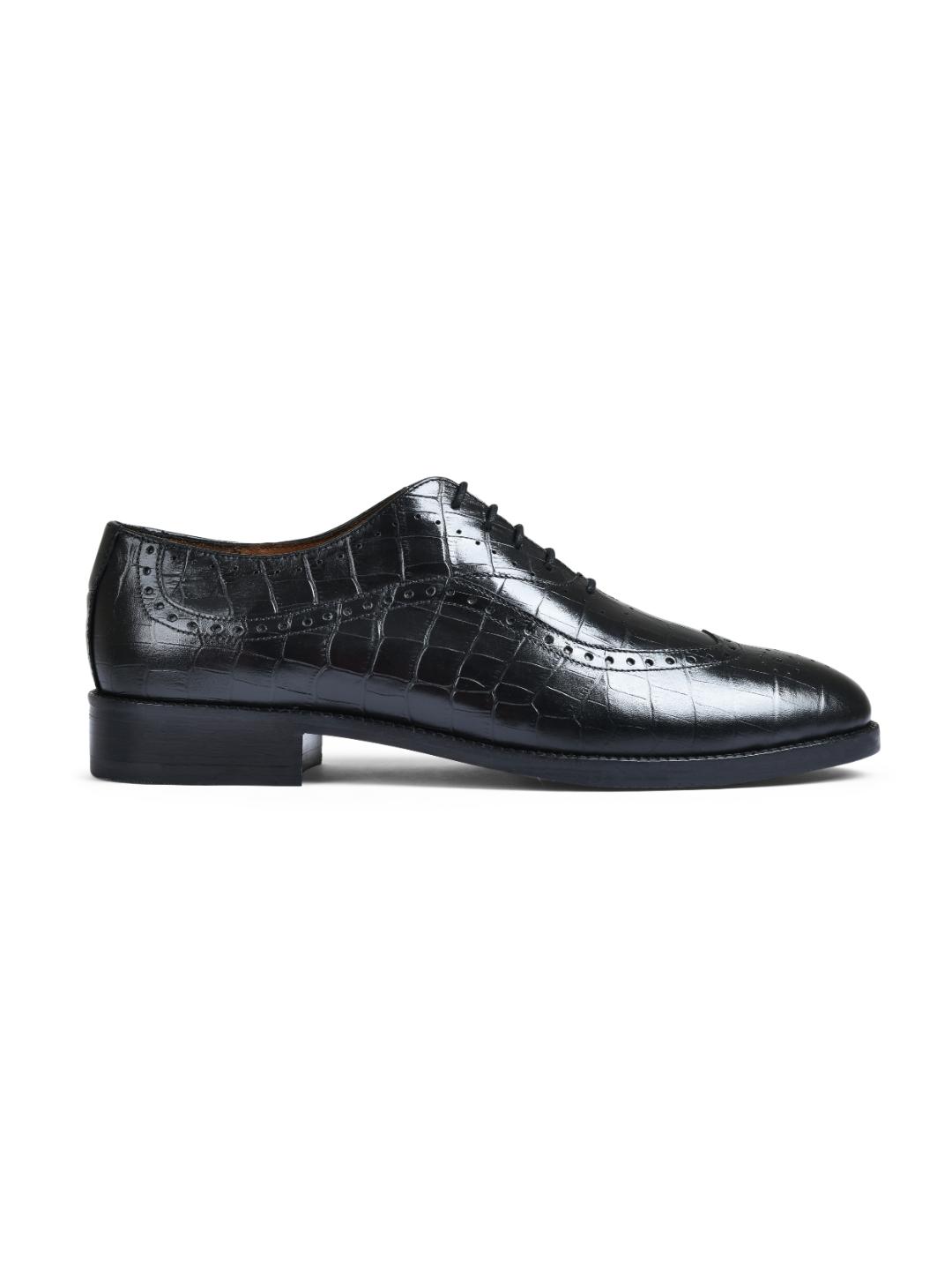 Croco Black Genuine Tata Leather Lace Up Mens Formal Shoes (Bradley)