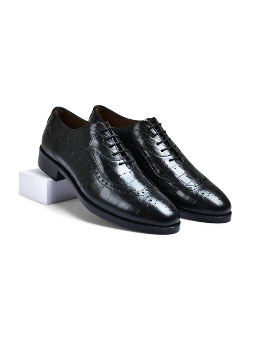 Croco Black Genuine Tata Leather Lace Up Mens Formal Shoes (Bradley)