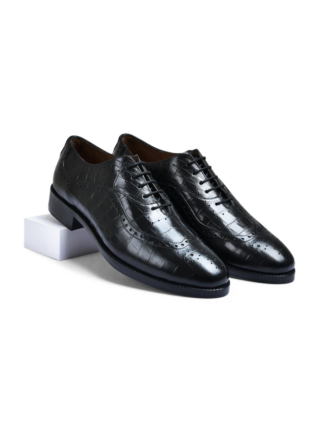 Croco Black Genuine Tata Leather Lace Up Mens Formal Shoes (Bradley)