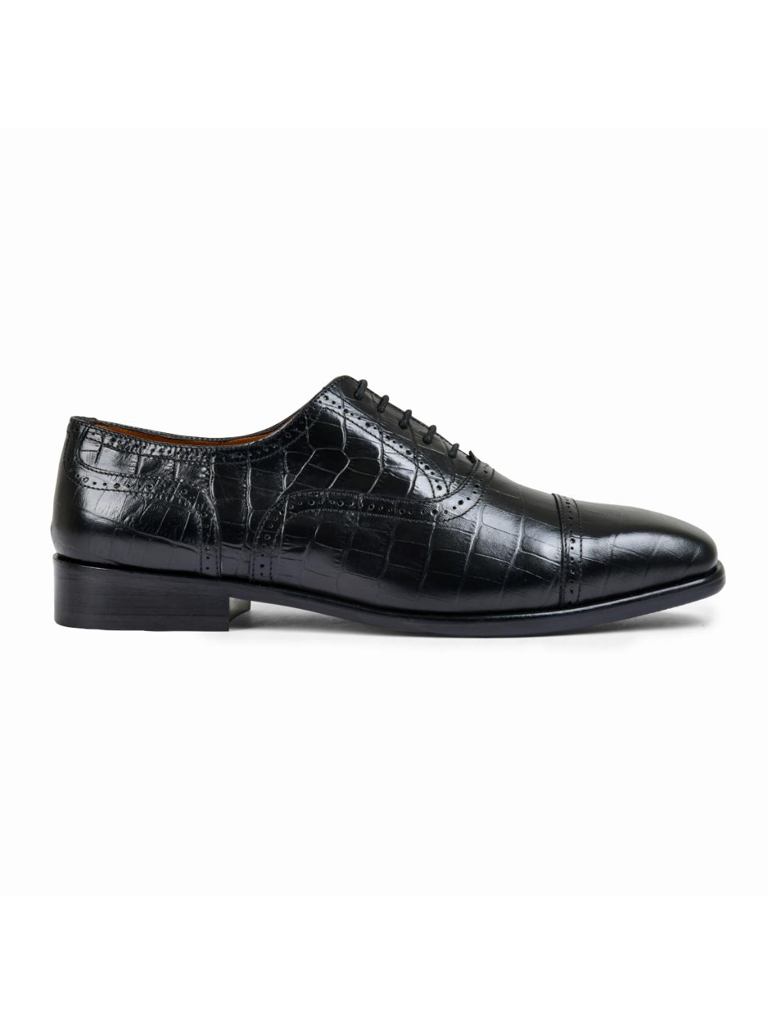 Croco Black Genuine Tata Leather Lace Up Mens Formal Shoes (Charles)