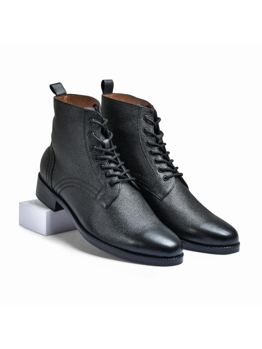 Milled Black Genuine Tata Leather Lace Up Mens Boots (Dexter)