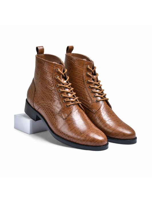 Croco Tan Genuine Tata Leather Lace Up Mens Boots (Dexter)