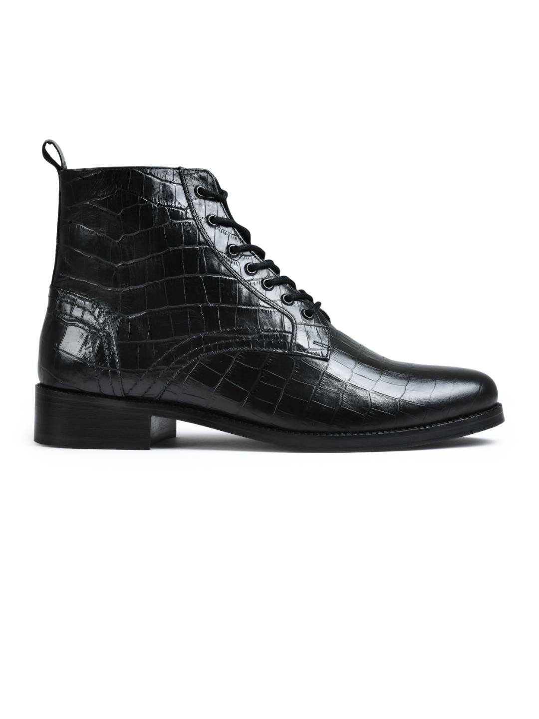 Croco Black Genuine Tata Leather Lace Up Mens Boots (Dexter)