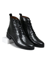 Croco Black Genuine Tata Leather Lace Up Mens Boots (Dexter)