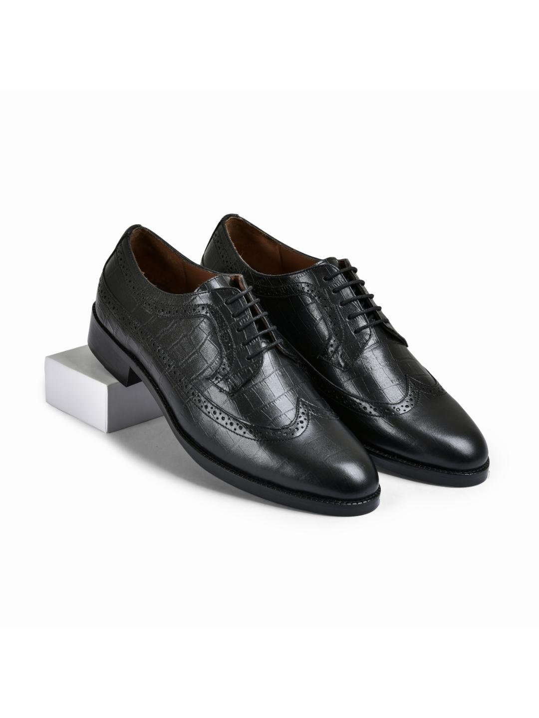 Croco Black Genuine Tata Leather Lace Up Mens Formal Shoes (Dominic)