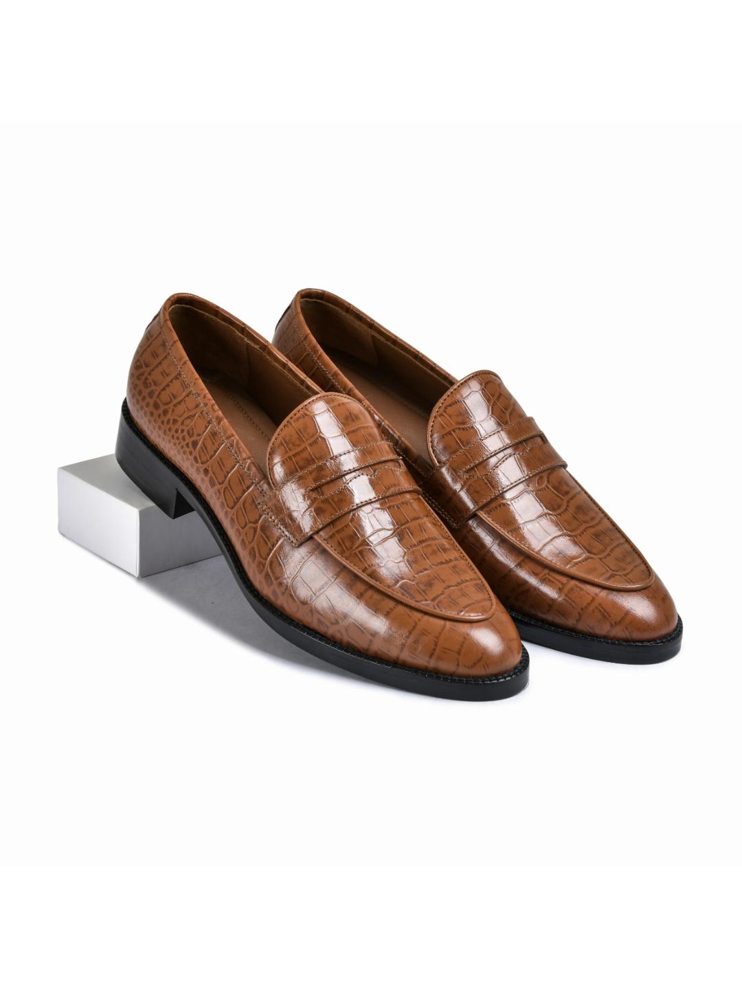 Croco Tan Genuine Tata Leather Loafers For Men (George)