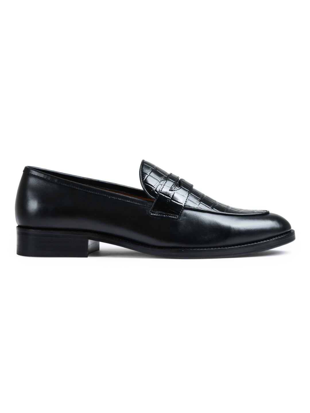 Croco Black Genuine Tata Leather Loafers For Men (George)