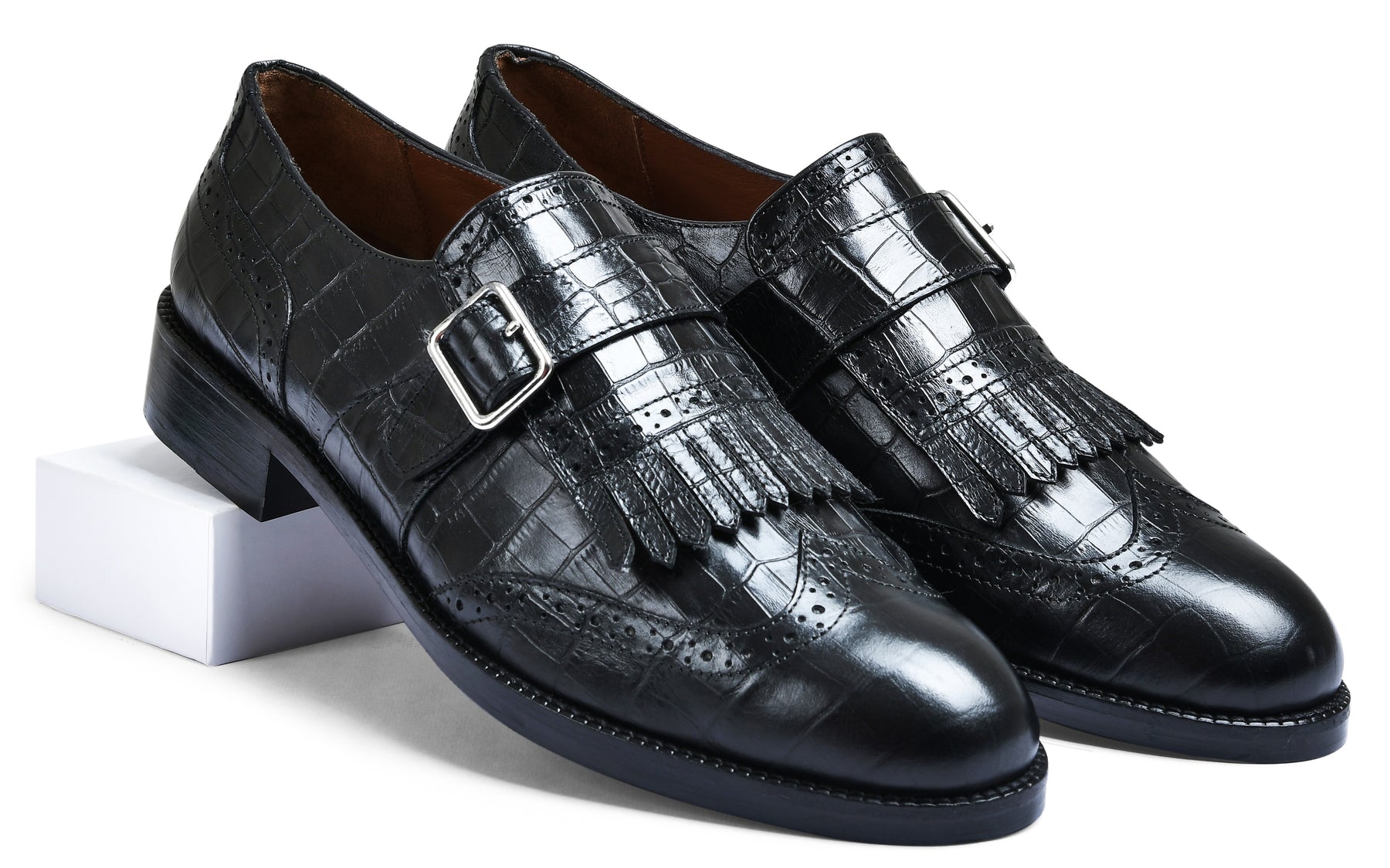 Croco Black Genuine Tata Leather Monk Straps Loafers For Men (Issac)