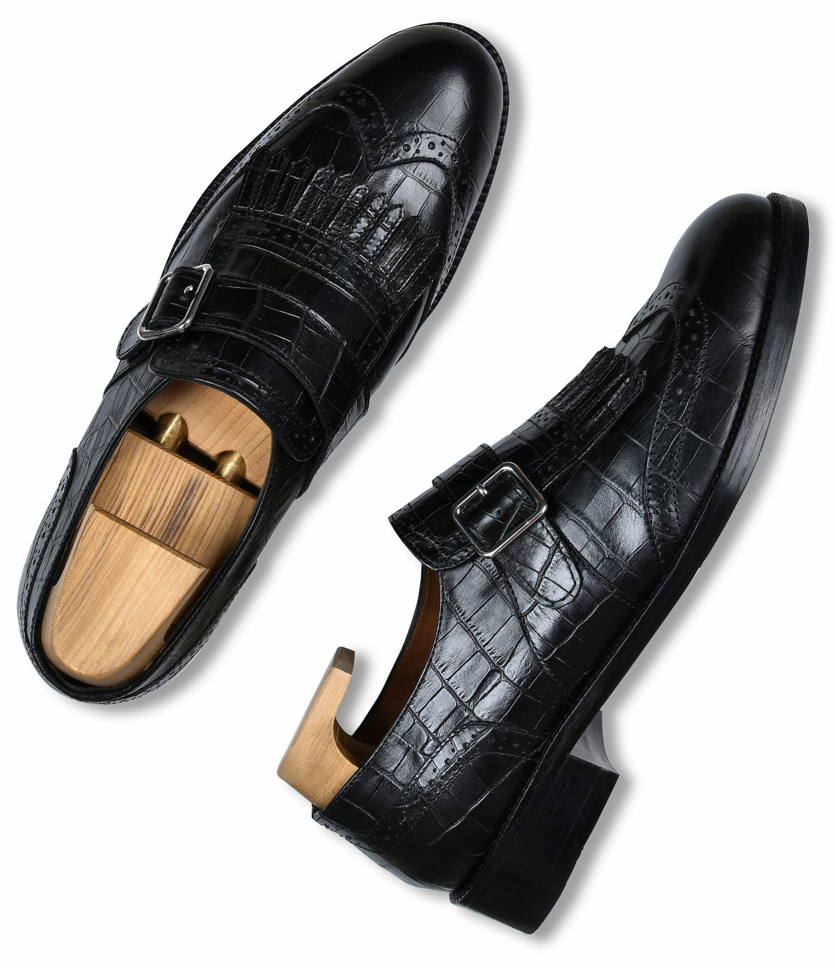Croco Black Genuine Tata Leather Monk Straps Loafers For Men (Issac)