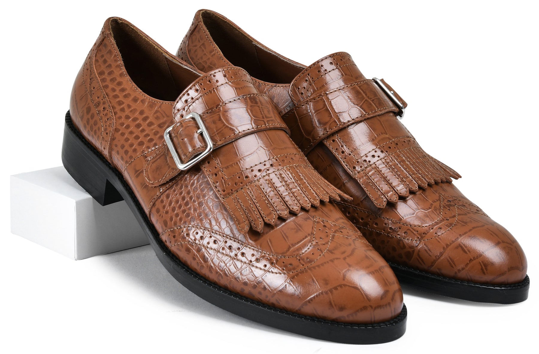 Tan Croco Genuine Tata Leather Monk Straps Loafers For Men (Issac)