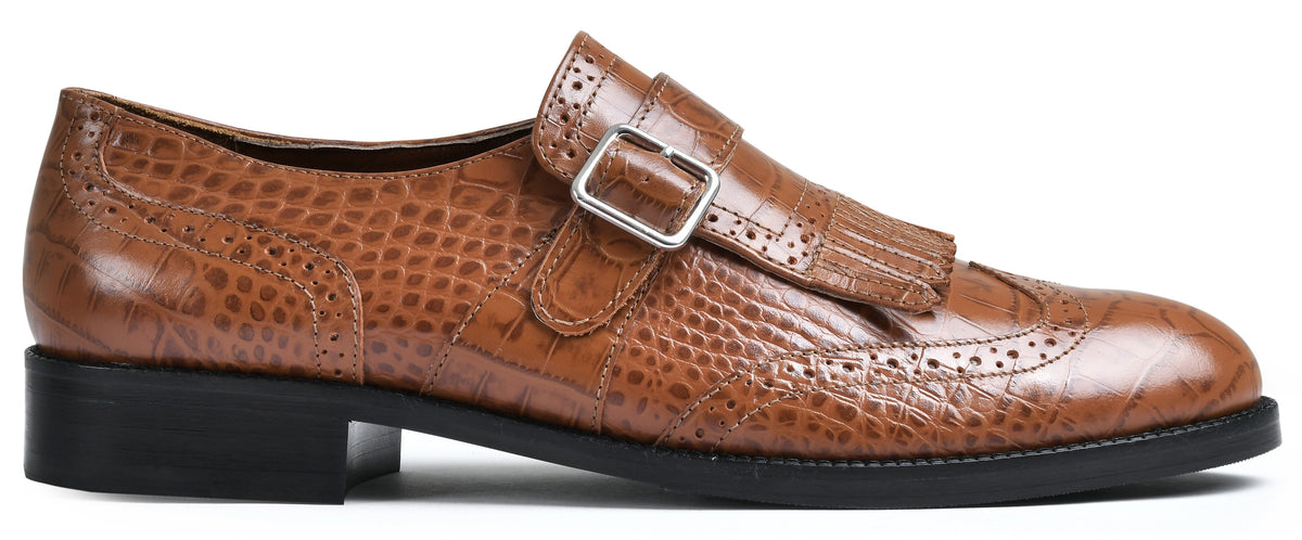 Tan Croco Genuine Tata Leather Monk Straps Loafers For Men (Issac)