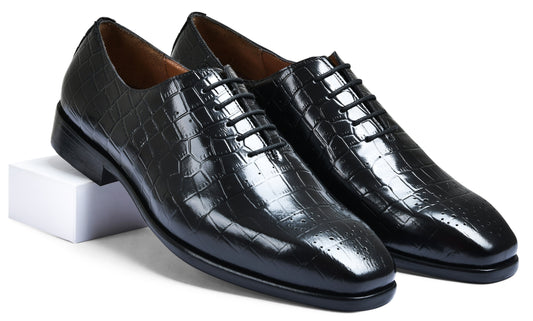 Croco Black Genuine Tata Leather Lace Up Mens Formal Shoes (Kevin)
