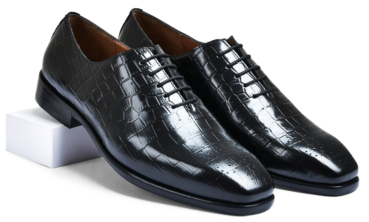 Croco Black Genuine Tata Leather Lace Up Mens Formal Shoes (Kevin)