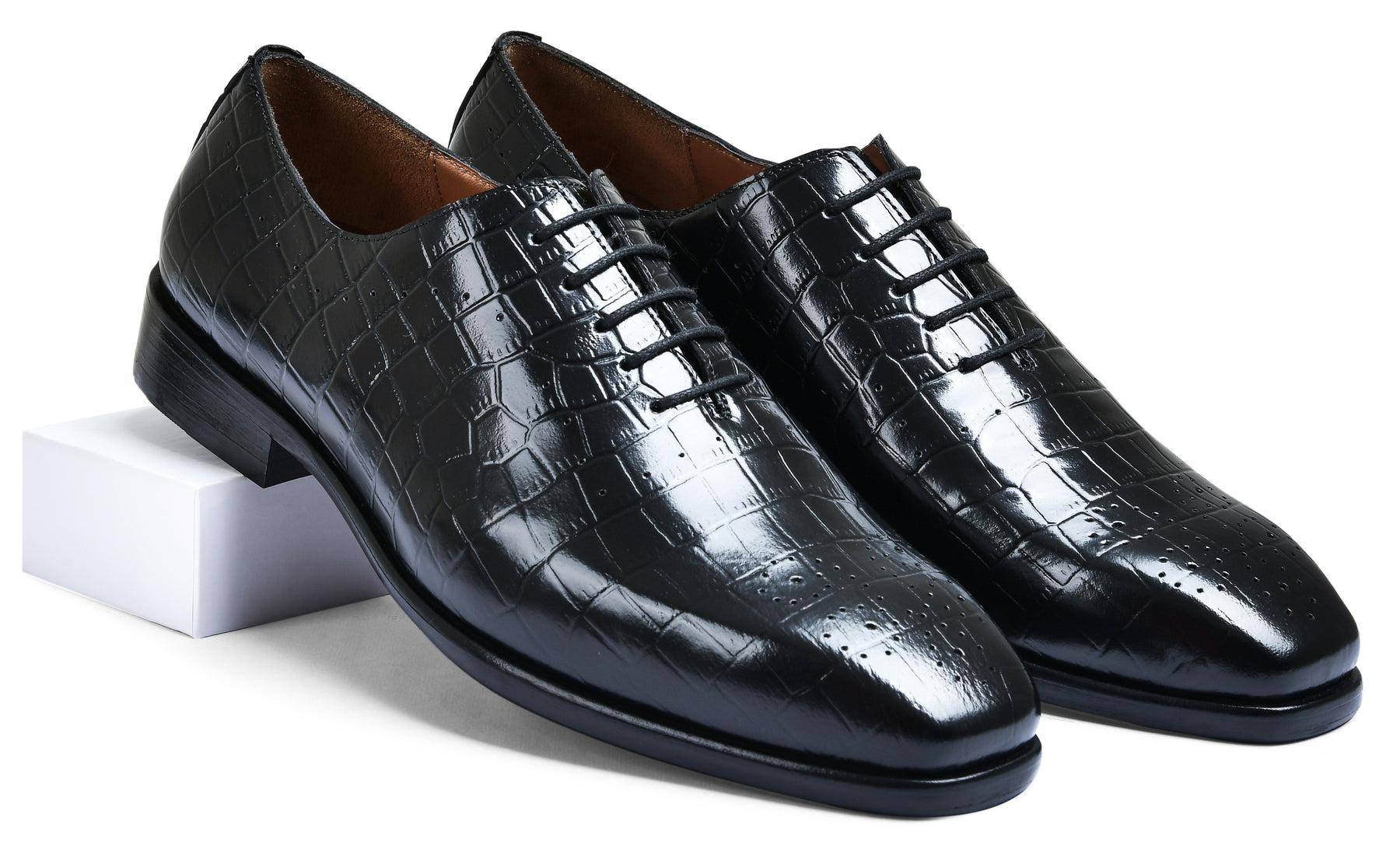 Croco Black Genuine Tata Leather Lace Up Mens Formal Shoes (Kevin)