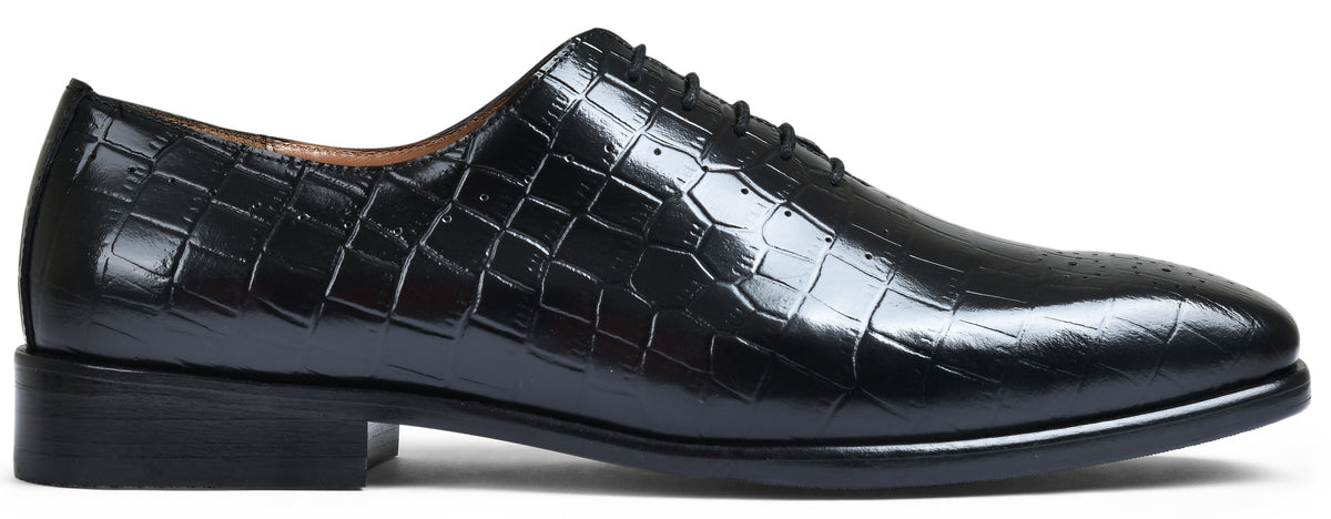 Croco Black Genuine Tata Leather Lace Up Mens Formal Shoes (Kevin)