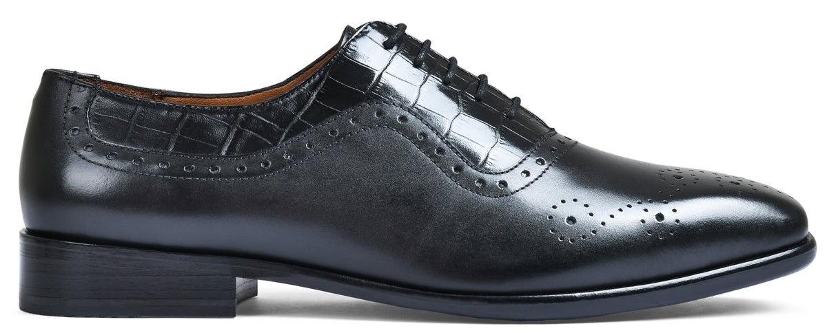 Croco Black Genuine Tata Leather Lace Up Mens Formal Shoes (Oscar)