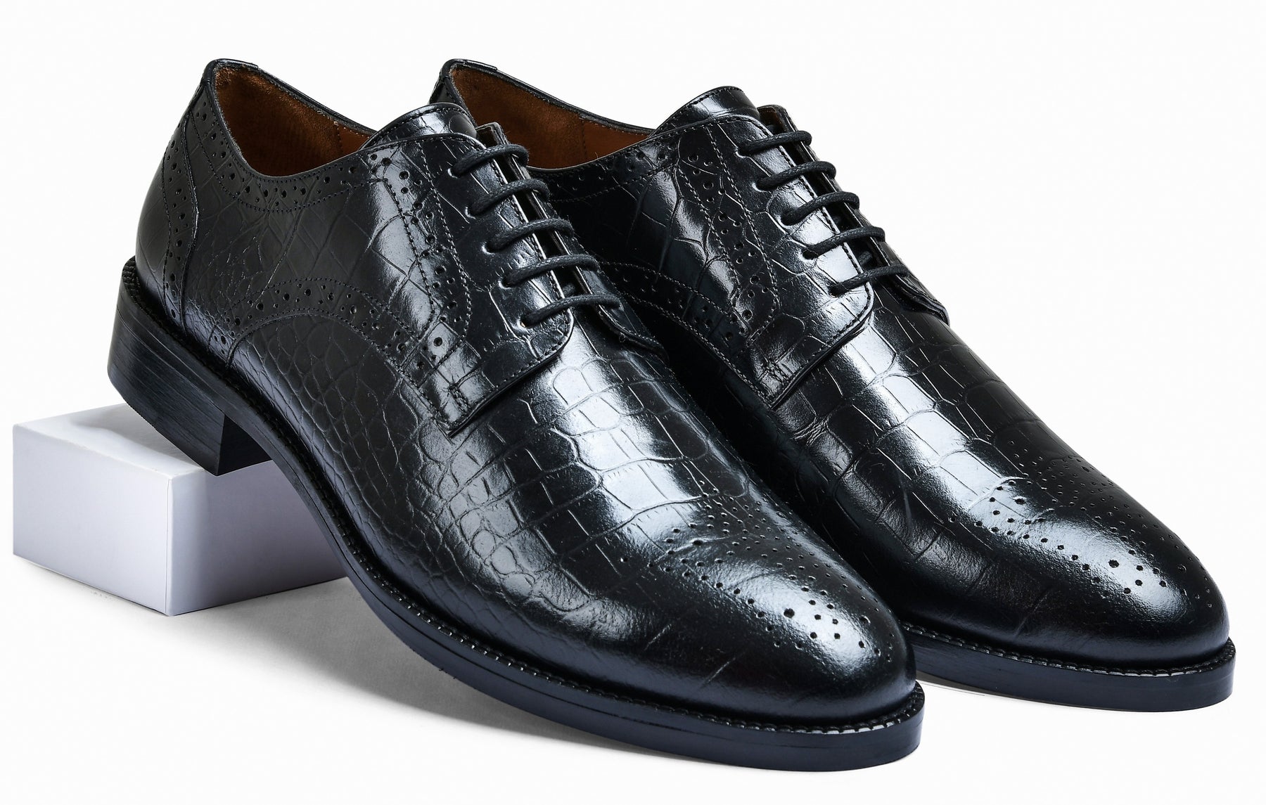 Croco Black Genuine Tata Leather Lace Up Mens Formal Shoes (Robert)
