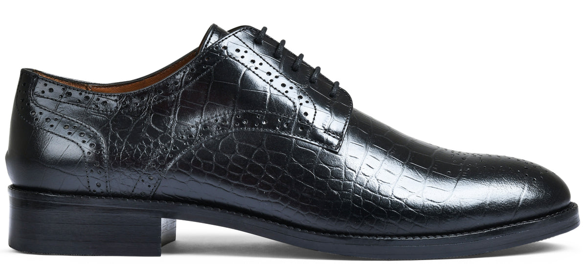 Croco Black Genuine Tata Leather Lace Up Mens Formal Shoes (Robert)