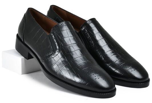 Croco Black Genuine Tata Leather Loafers For Men (Roy)