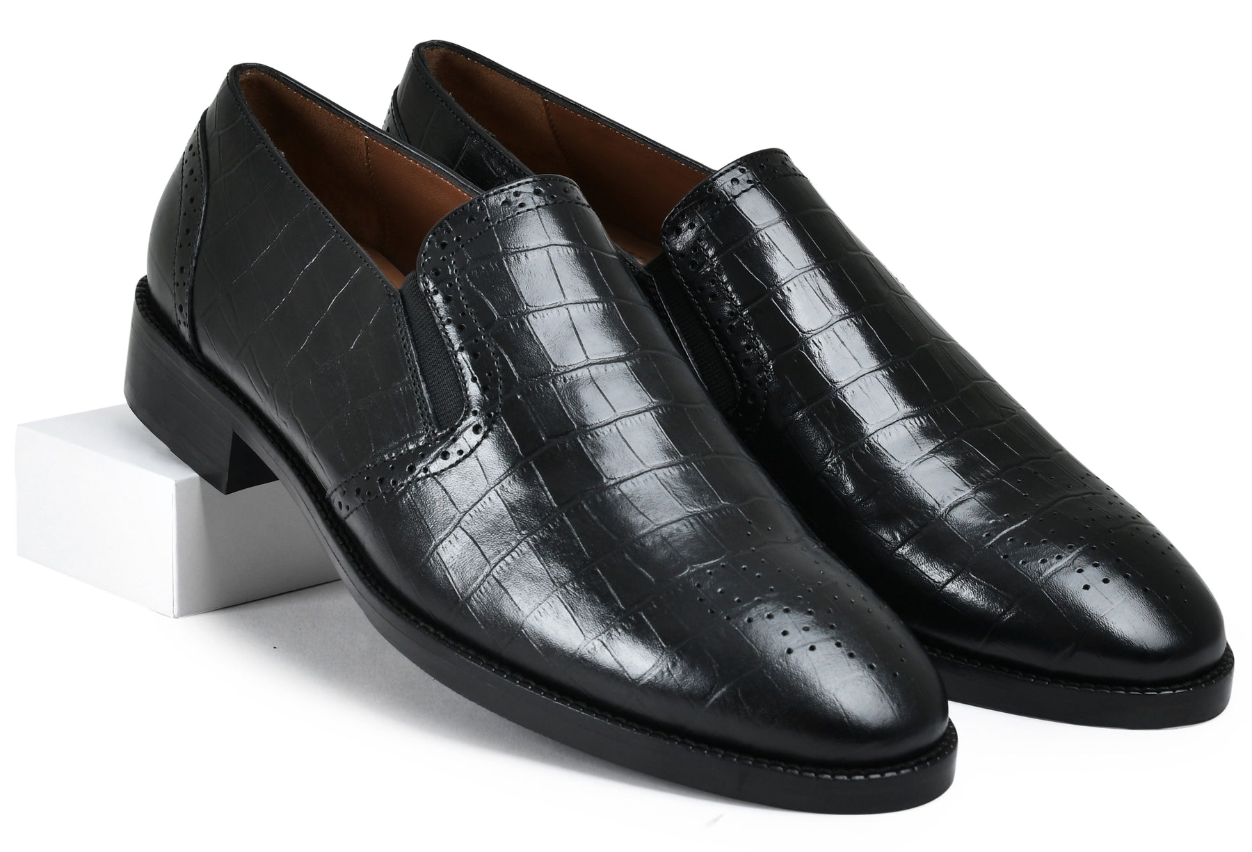 Croco Black Genuine Tata Leather Loafers For Men (Roy)
