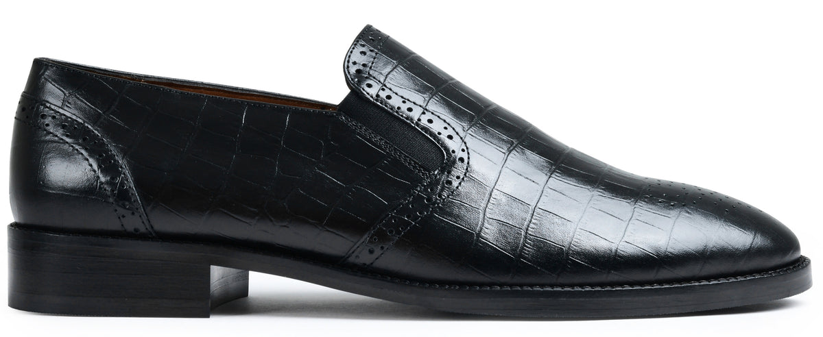 Croco Black Genuine Tata Leather Loafers For Men (Roy)