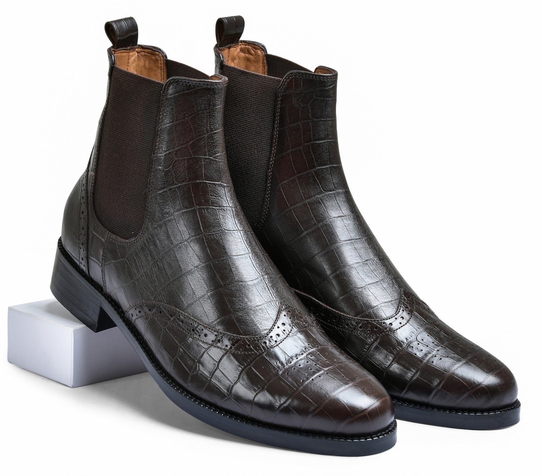 Croco Brown Genuine Tata Leather Chelsea Boots For Men (Wade)