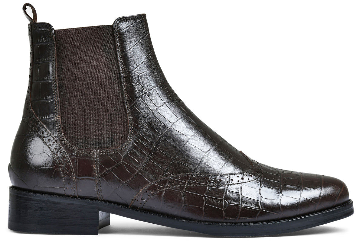Croco Brown Genuine Tata Leather Chelsea Boots For Men (Wade)