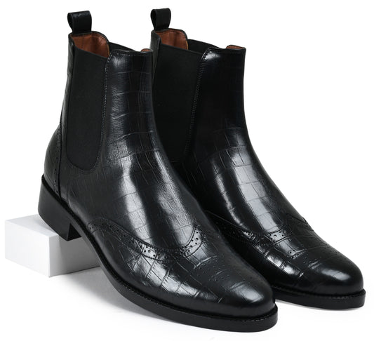 Croco Black Genuine Tata Leather Chelsea Boots For Men (Wade)