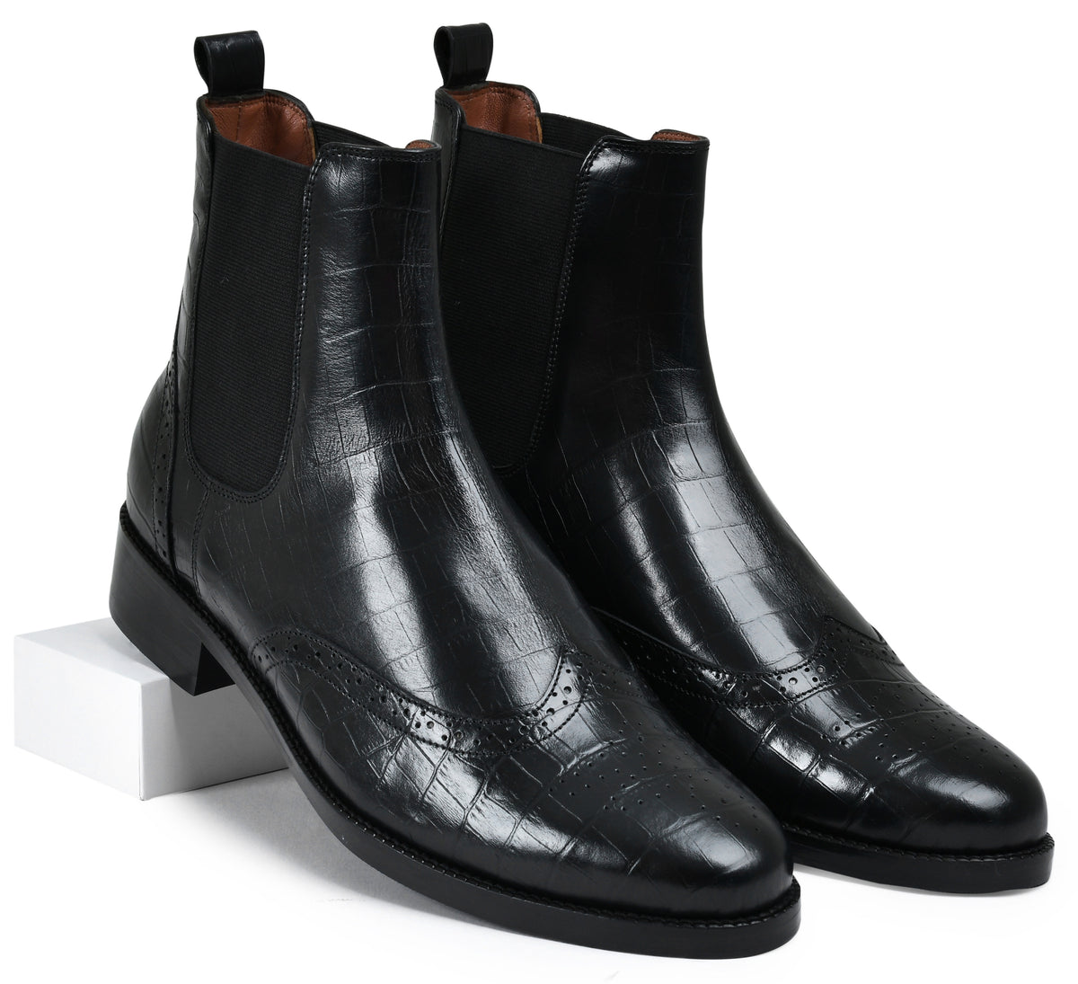 Croco Black Genuine Tata Leather Chelsea Boots For Men (Wade)