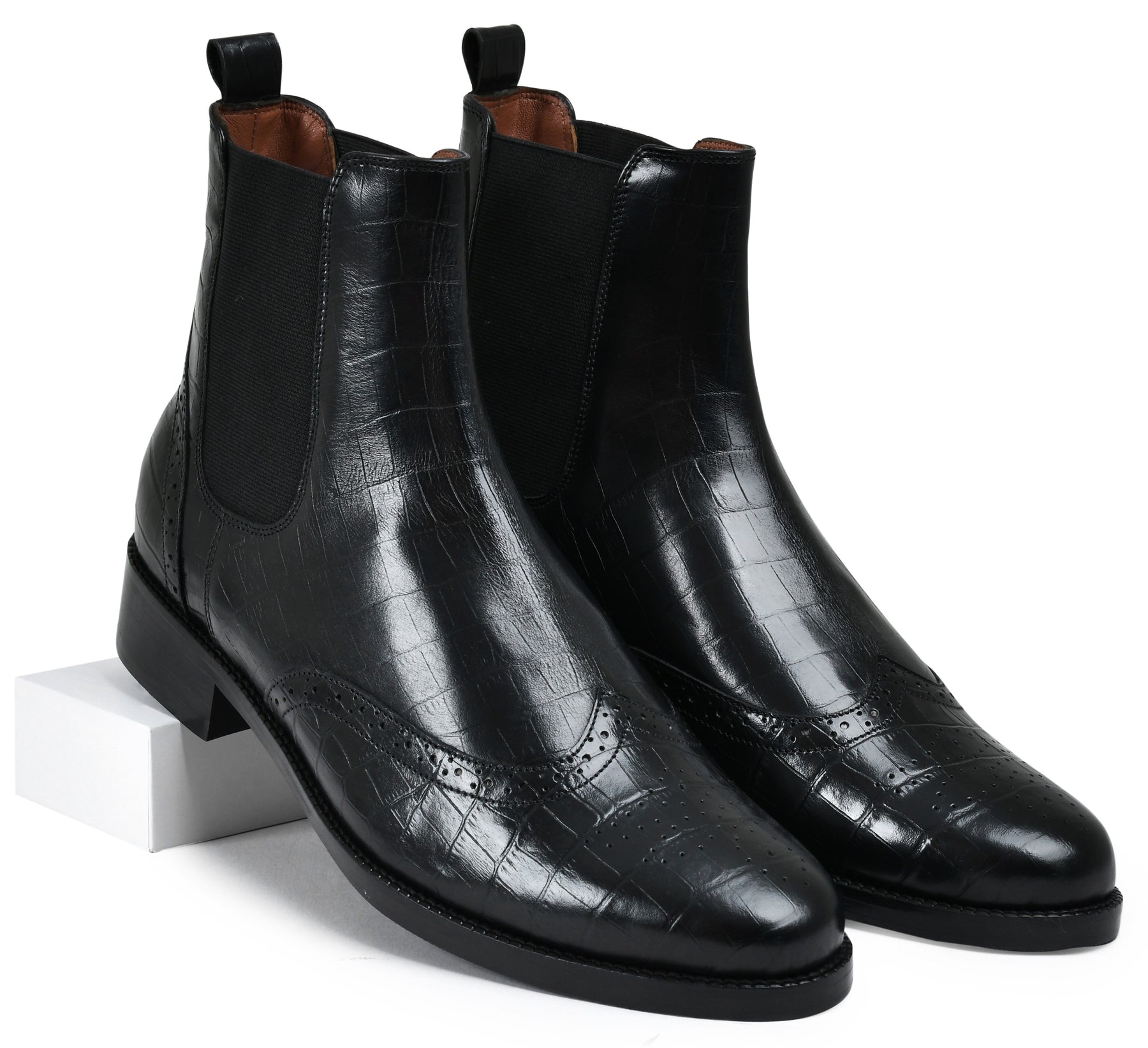Croco Black Genuine Tata Leather Chelsea Boots For Men (Wade)