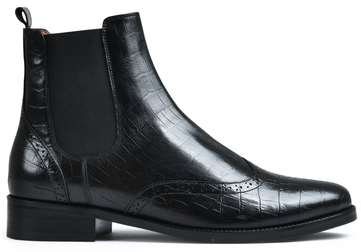 Croco Black Genuine Tata Leather Chelsea Boots For Men (Wade)