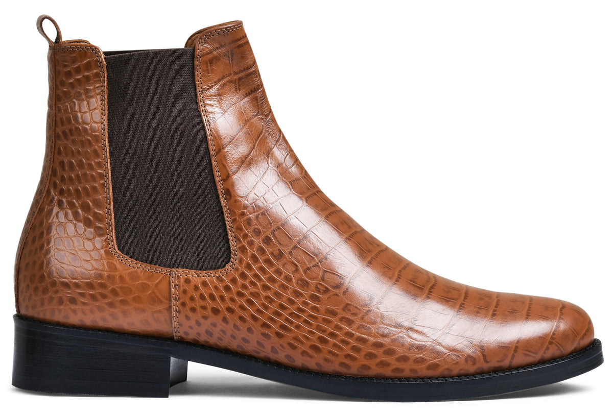 Tan Croco Genuine Tata Leather Chelsea Boots For Men (Wellington)