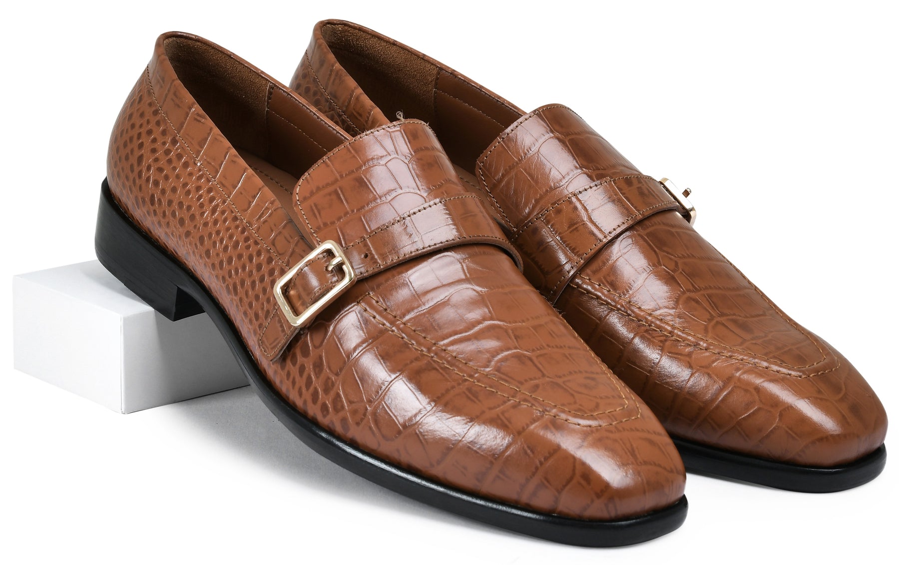 Croco Tan Genuine Tata Leather Monk Straps Loafers For Men (Harvey)