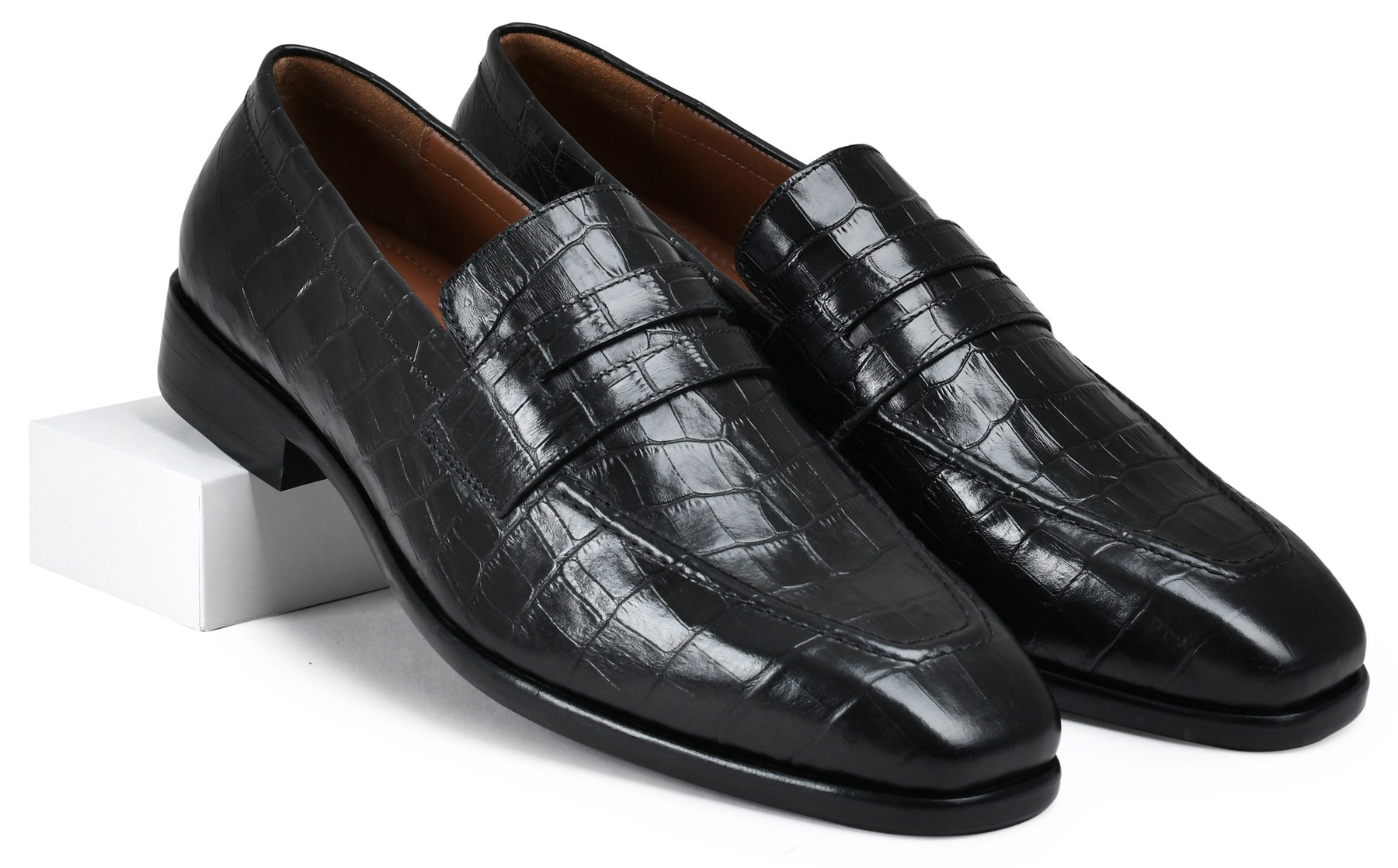 Croco Black Genuine Tata Leather Loafers For Men (Arnold)