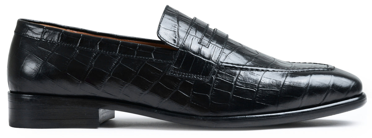 Croco Black Genuine Tata Leather Loafers For Men (Arnold)