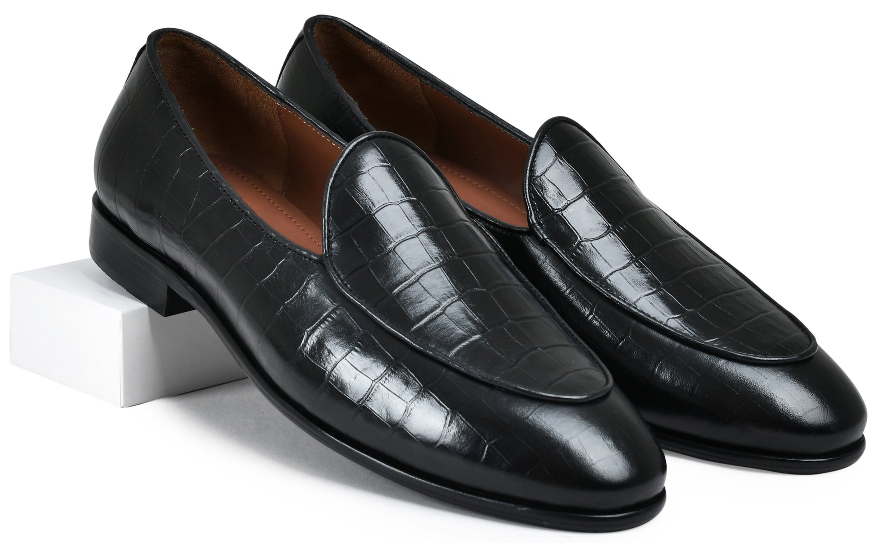Croco Black Genuine Tata Leather Loafers For Men (Newyork)