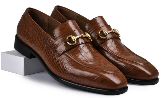 Croco Tan Genuine Tata Leather Loafers For Men (Kalci)