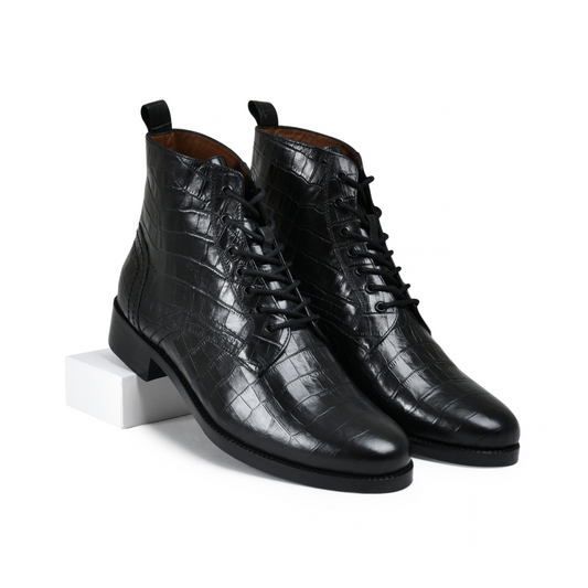 Croco Black Genuine Tata Leather Lace Up Mens Boots (Dexter)