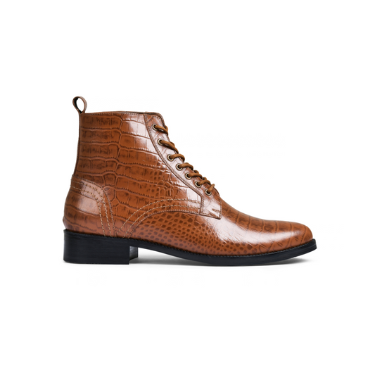 Croco Tan Genuine Tata Leather Lace Up Mens Boots (Dexter)