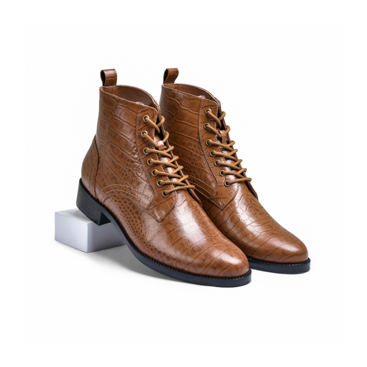 Croco Tan Genuine Tata Leather Lace Up Mens Boots (Dexter)