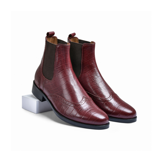 Croco Cherry Genuine Tata Leather Chelsea Boots For Men (Wade)