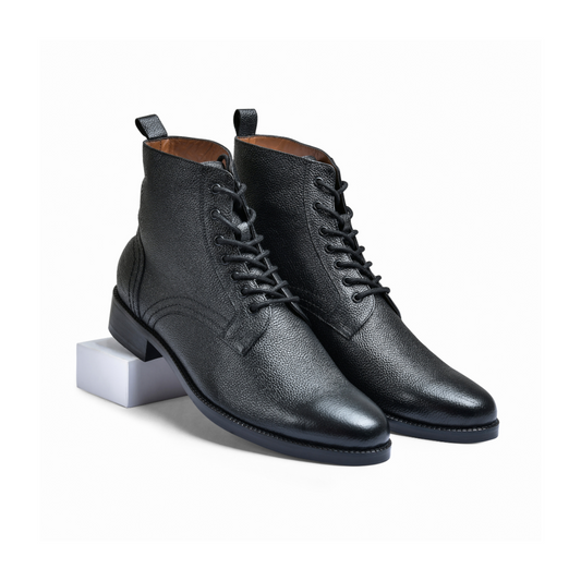 Milled Black Genuine Tata Leather Lace Up Mens Boots (Dexter)
